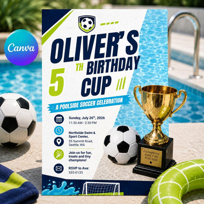 Birthday Cup Invitation, Editable Poolside Soccer Party Invite, Boy 5th Birthday Trophy Pool Template, Printable Digital Download __etsy:8179602339