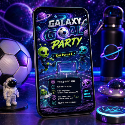 Galaxy Goal Party Birthday Invitation, Editable Space Alien Soccer Invite, Boy 7th Birthday Galaxy Template, Printable Digital Download __etsy:8179603467