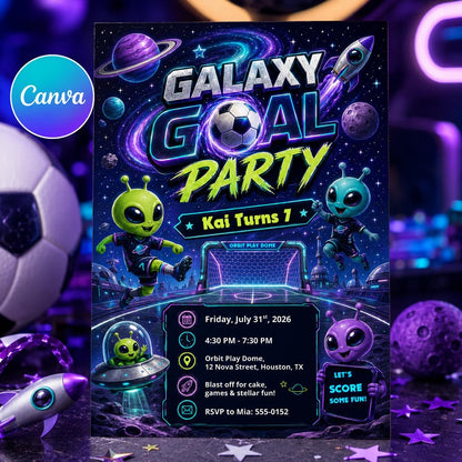 Galaxy Goal Party Birthday Invitation, Editable Space Alien Soccer Invite, Boy 7th Birthday Galaxy Template, Printable Digital Download __etsy:8179603469