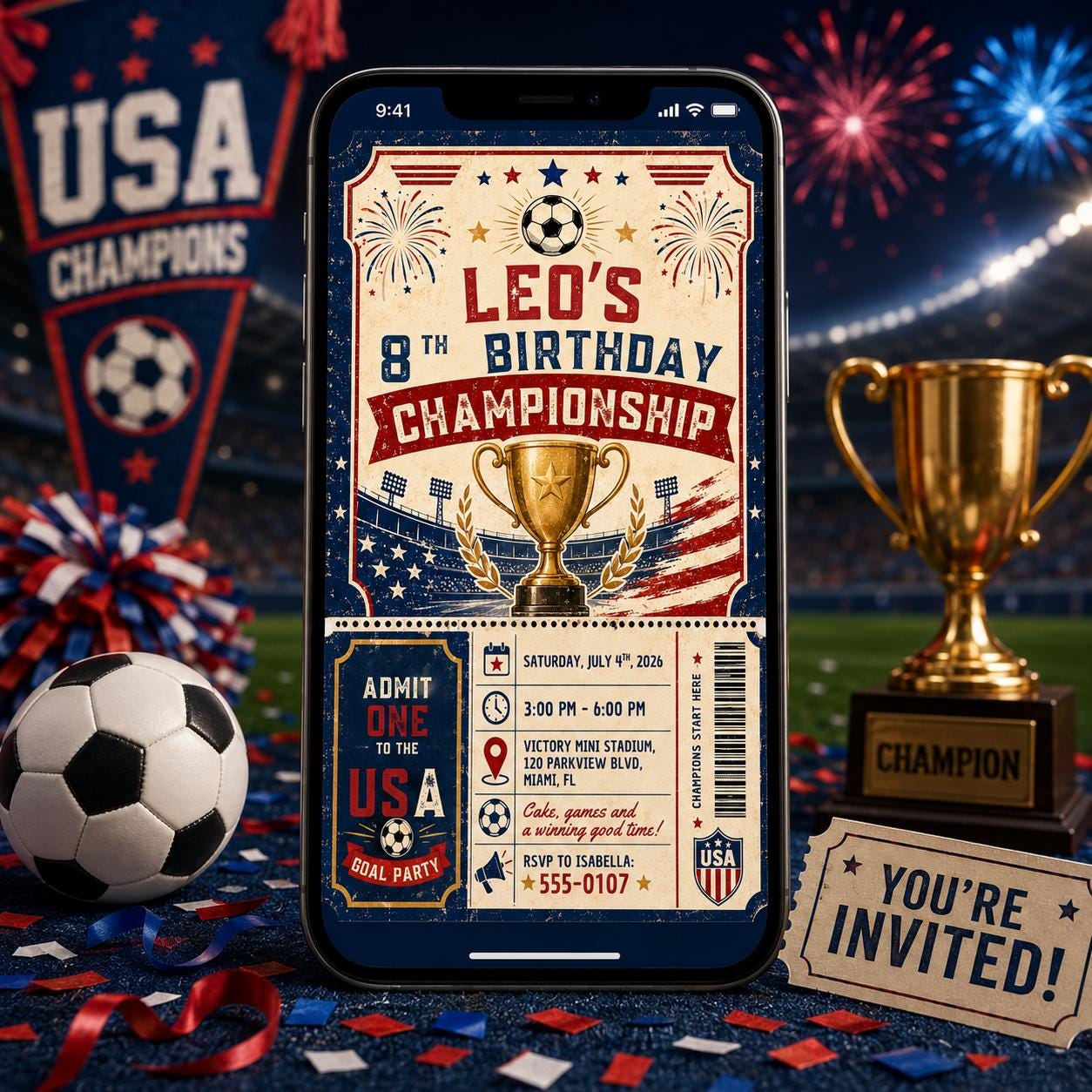 USA Goal Party Birthday Invitation, Editable Patriotic Soccer Ticket Invite, Boy 8th Birthday Championship, Soccer Birthday Championship __etsy:8179603987