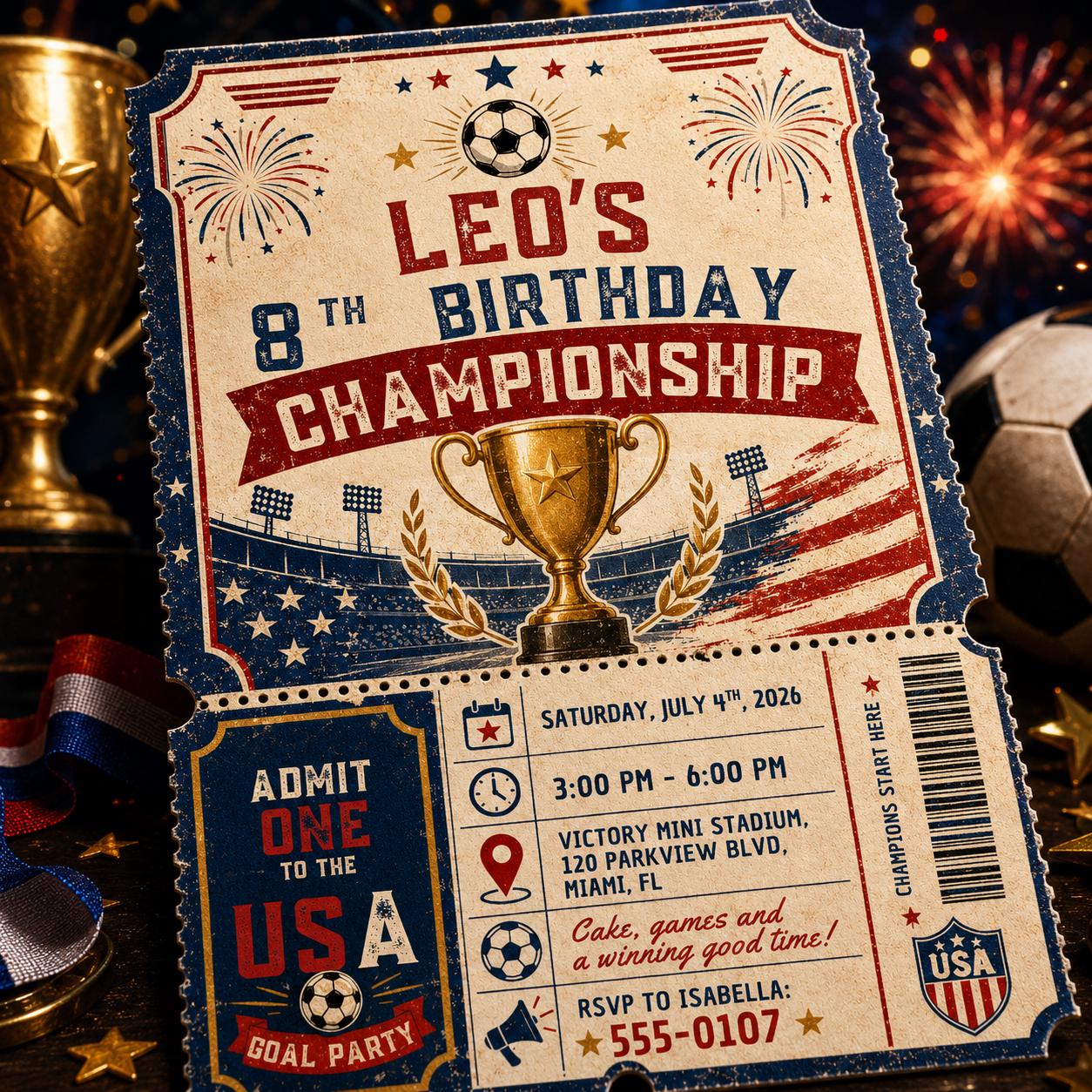 USA Goal Party Birthday Invitation, Editable Patriotic Soccer Ticket Invite, Boy 8th Birthday Championship, Soccer Birthday Championship __etsy:8179603997