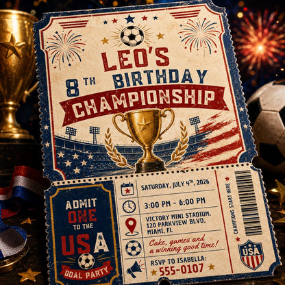 USA Goal Party Birthday Invitation, Editable Patriotic Soccer Ticket Invite, Boy 8th Birthday Championship, Soccer Birthday Championship __etsy:8179603997