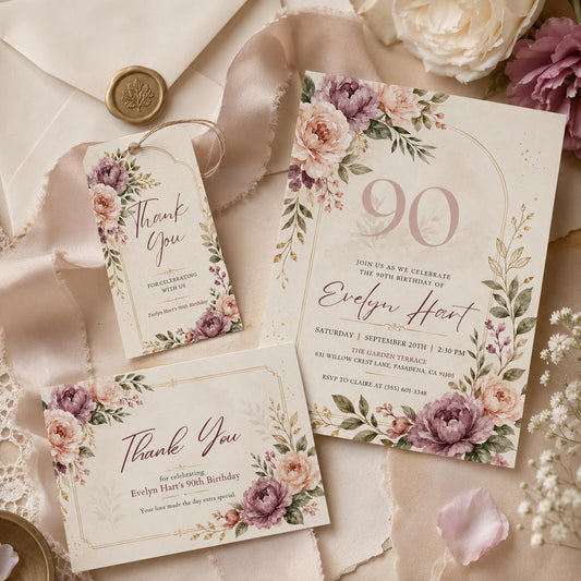 90th Birthday Invitation Bundle, Floral Invite with Thank You Card and Favor Tag, Editable Printable Canva Template