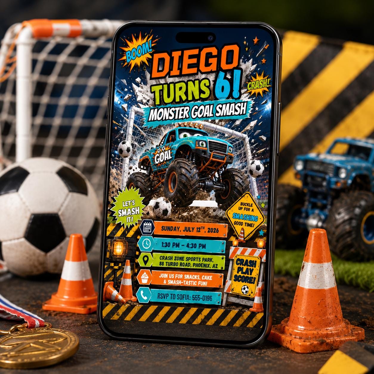 Monster Goal Smash Birthday Invitation, Editable Monster Truck Soccer Invite, Boy 6th Birthday Crash Zone Template, Printable Download __etsy:8179674163