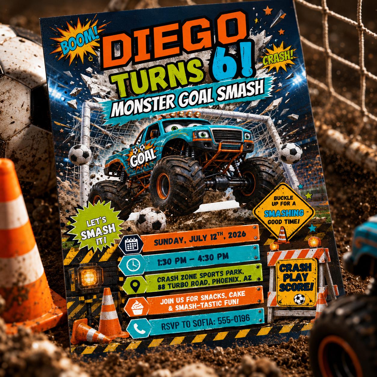 Monster Goal Smash Birthday Invitation, Editable Monster Truck Soccer Invite, Boy 6th Birthday Crash Zone Template, Printable Download __etsy:8179674165
