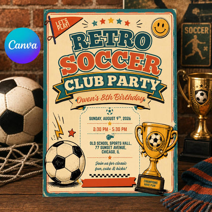 Retro Soccer Club Birthday Invitation, Editable Vintage Soccer Party Invite, Boy 8th Birthday Retro Sports Template, Printable Download __etsy:8179674977
