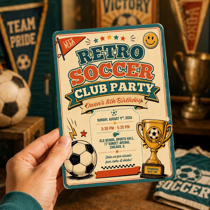 Retro Soccer Club Birthday Invitation, Editable Vintage Soccer Party Invite, Boy 8th Birthday Retro Sports Template, Printable Download __etsy:8179674987