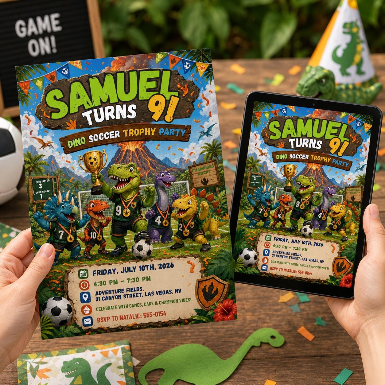 Dino Soccer Trophy Birthday Invitation, Editable Jurassic Soccer Party Invite, Boy 9th Birthday Dinosaur Template, Printable Digital __etsy:8179676335