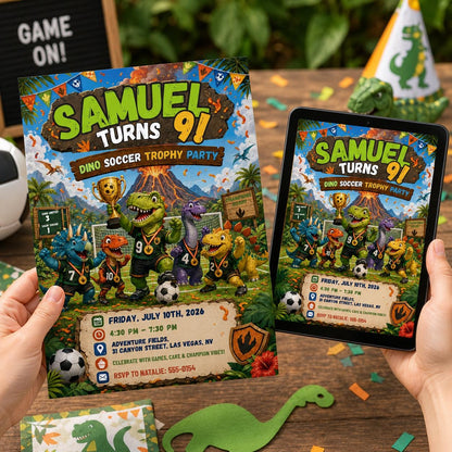 Dino Soccer Trophy Birthday Invitation, Editable Jurassic Soccer Party Invite, Boy 9th Birthday Dinosaur Template, Printable Digital __etsy:8179676335
