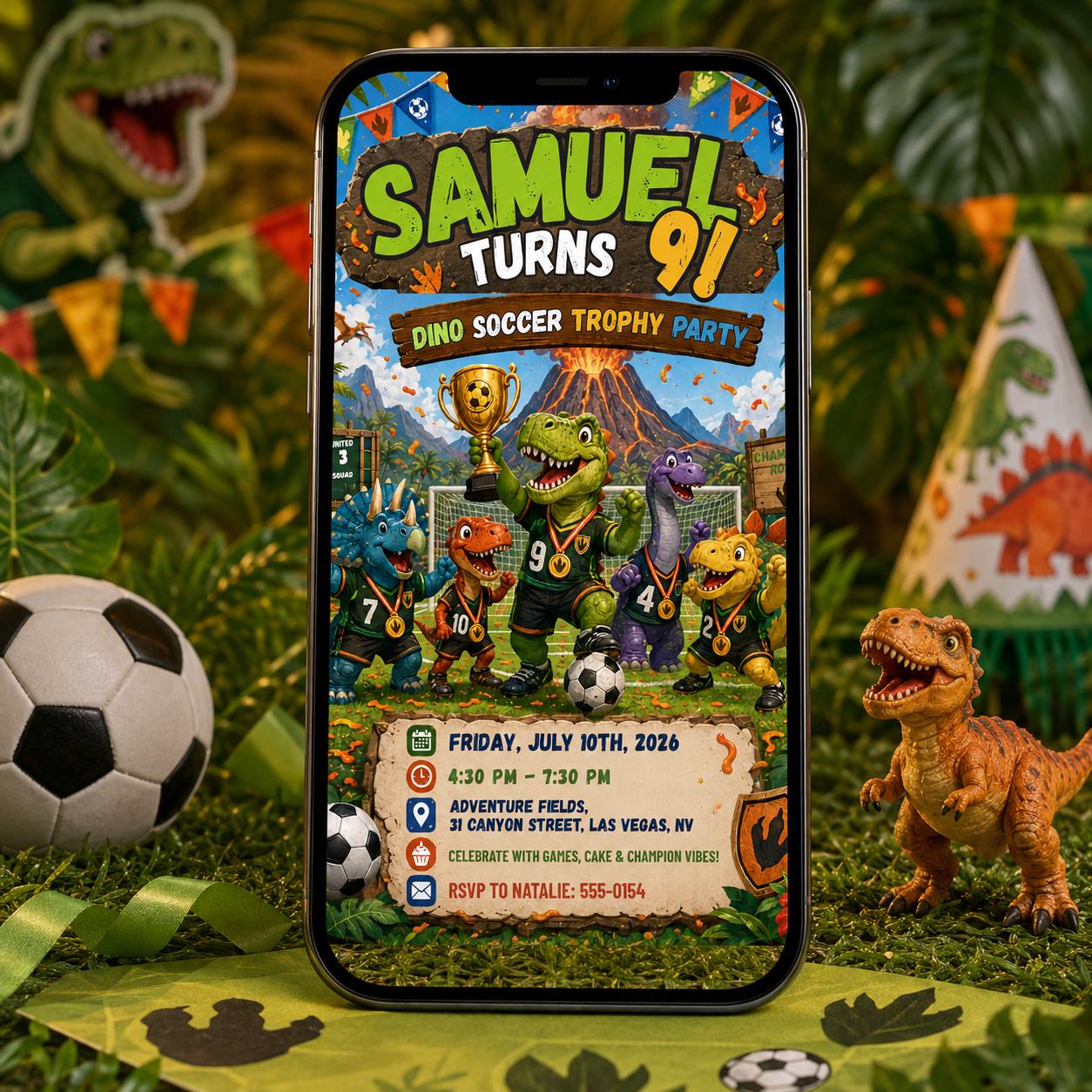 Dino Soccer Trophy Birthday Invitation, Editable Jurassic Soccer Party Invite, Boy 9th Birthday Dinosaur Template, Printable Digital __etsy:8179676343