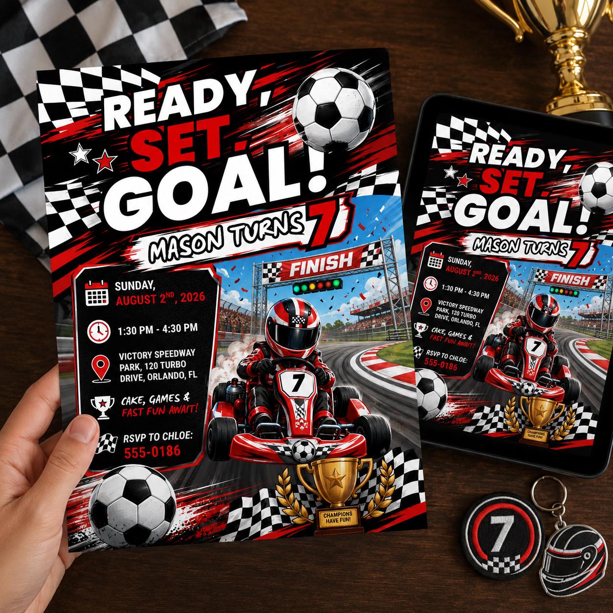 Ready Set Goal Birthday Invitation, Editable Go Kart Racing Soccer Invite, Boy 7th Birthday Race Champion Template, Printable Digital __etsy:8179677083