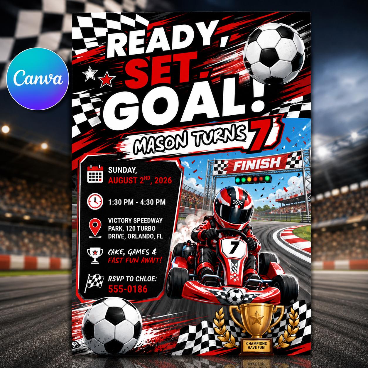 Ready Set Goal Birthday Invitation, Editable Go Kart Racing Soccer Invite, Boy 7th Birthday Race Champion Template, Printable Digital __etsy:8179677091