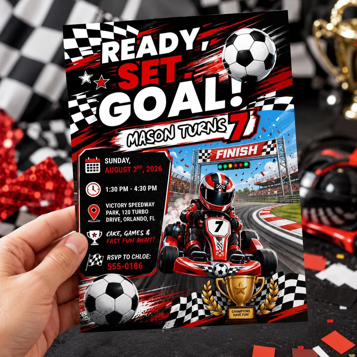 Ready Set Goal Birthday Invitation, Editable Go Kart Racing Soccer Invite, Boy 7th Birthday Race Champion Template, Printable Digital __etsy:8179677101