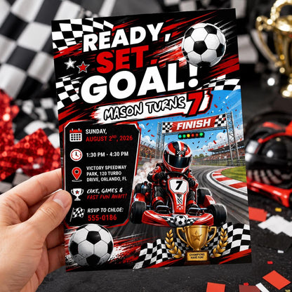 Ready Set Goal Birthday Invitation, Editable Go Kart Racing Soccer Invite, Boy 7th Birthday Race Champion Template, Printable Digital __etsy:8179677101