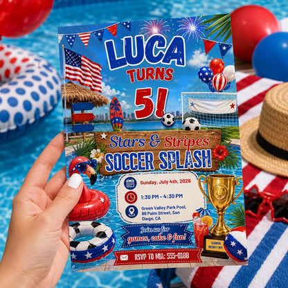 Stars And Stripes Soccer Splash Birthday Invitation, Editable 4th July Pool Party Invite, Boy 5th Birthday Patriotic, Soccer Pool Party __etsy:8179677511