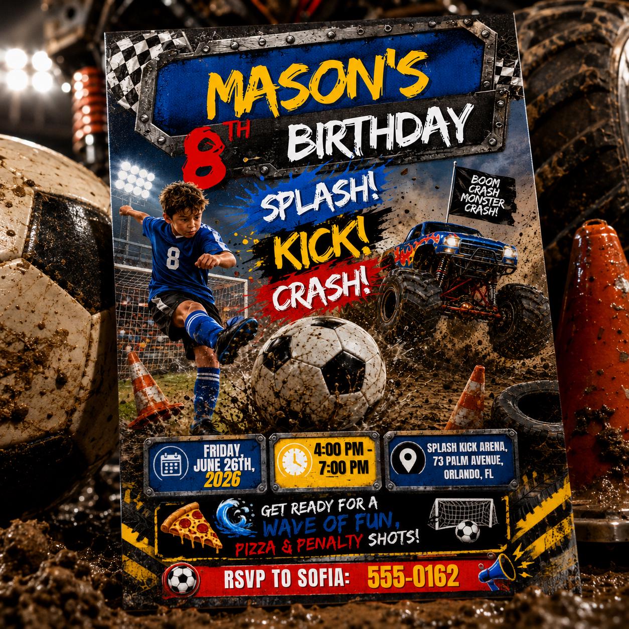 Splash Kick Crash Birthday Invitation, Editable Soccer Monster Truck Party Invite, Boy 8th Birthday Arena Template Splash Kick Monster Truck __etsy:8179777491