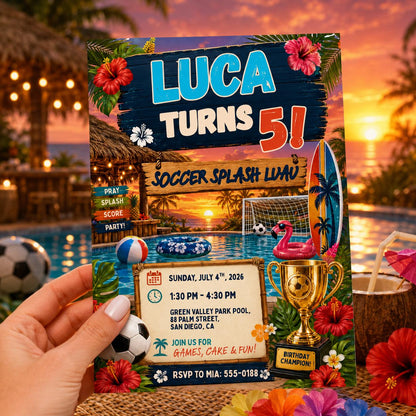 Soccer Splash Luau Birthday Invitation, Editable Tropical Pool Party Invite, Boy 5th Birthday Hawaiian Template, Printable Digital invite __etsy:8179777983