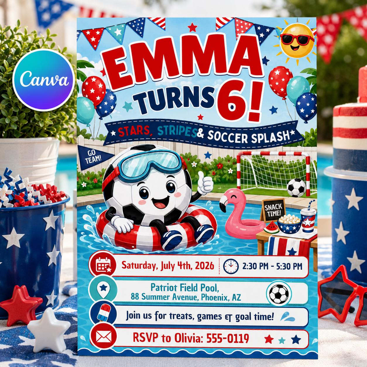 Stars Stripes Soccer Splash Birthday Invitation, Editable 4th July Pool Party Invite, Girl 6th Bday Patriotic Template, Printable __etsy:8179778995
