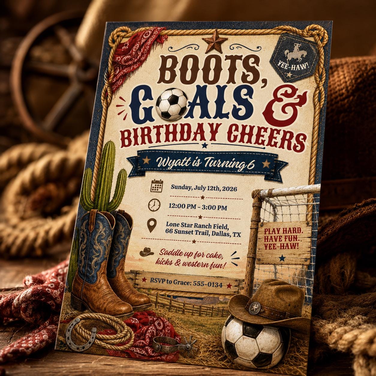 Boots Goals And Cheers Birthday Invitation, Editable Western Soccer Party Invite, Boy 6th Birthday Cowboy Template, Western Soccer Theme __etsy:8179780257
