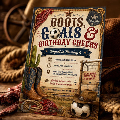 Boots Goals And Cheers Birthday Invitation, Editable Western Soccer Party Invite, Boy 6th Birthday Cowboy Template, Western Soccer Theme __etsy:8179780257