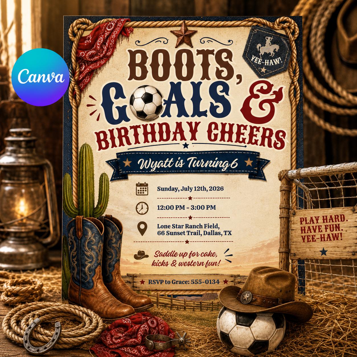 Boots Goals And Cheers Birthday Invitation, Editable Western Soccer Party Invite, Boy 6th Birthday Cowboy Template, Western Soccer Theme __etsy:8179780275