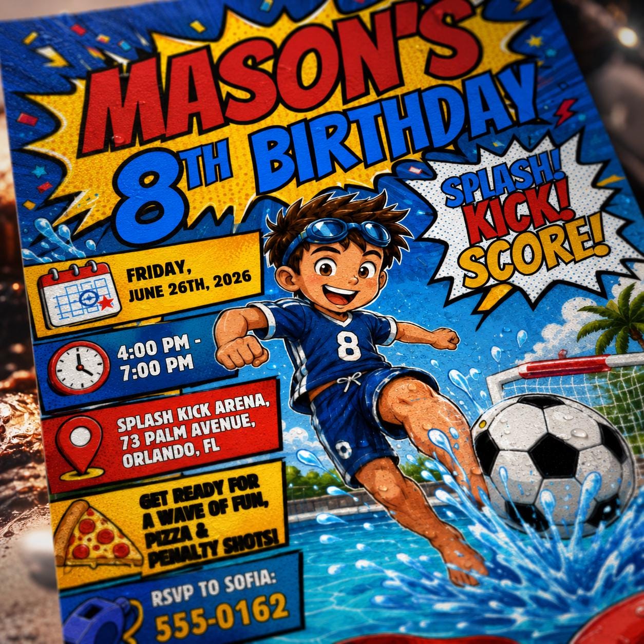 Soccer Pool Party Birthday Invitation, Editable Splash Kick Score Party Invite, Boy 8th Birthday Summer Template, Canva Digital Download __etsy:8179976761