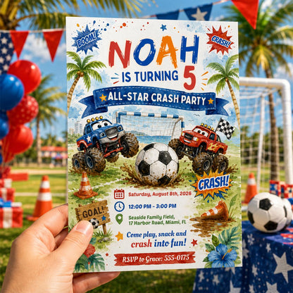 Monster Truck Soccer Birthday Invitation, Editable All Star Crash Party Invite, Boy 5th Birthday Beach Bash Template, Canva Digital Download __etsy:8179978307