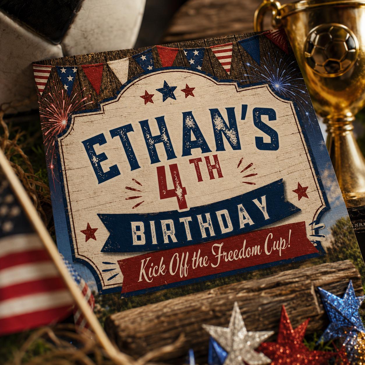 Patriotic Soccer Birthday Invitation, Editable Freedom Cup Invite, Boy 4th Birthday Template, 4th of July Red White & Blue, Canva Download __etsy:8179979053