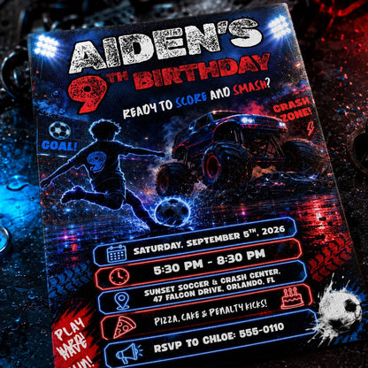 Soccer Monster Truck Birthday Invitation, Editable Crash Zone Party Invite, Boy 9th Birthday Template, Score and Smash Night, Canva Download __etsy:8179979617