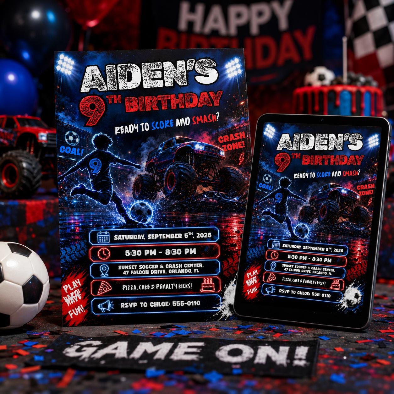 Soccer Monster Truck Birthday Invitation, Editable Crash Zone Party Invite, Boy 9th Birthday Template, Score and Smash Night, Canva Download __etsy:8179979621