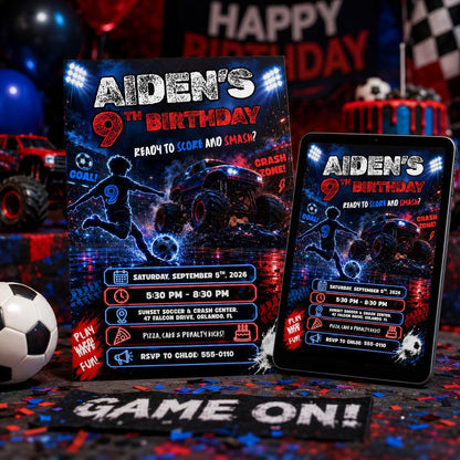 Soccer Monster Truck Birthday Invitation, Editable Crash Zone Party Invite, Boy 9th Birthday Template, Score and Smash Night, Canva Download __etsy:8179979621