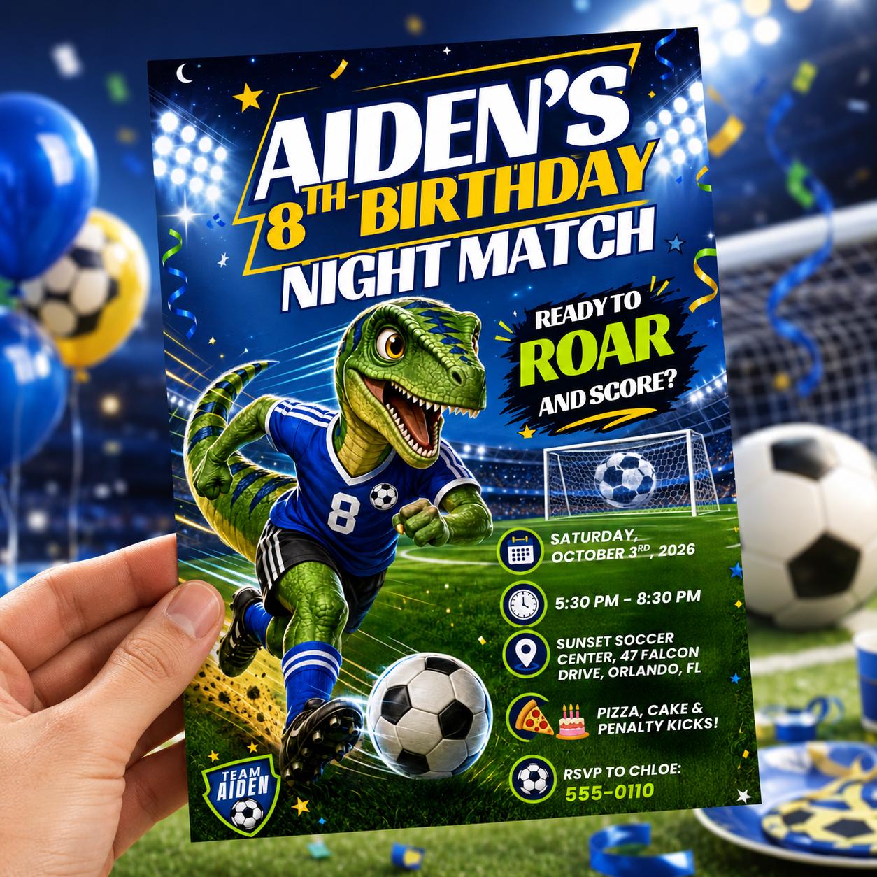 Dino Soccer Birthday Invitation, Editable T-Rex Night Match Party Invite, Boy 8th Birthday Template, Roar and Score, Canva Digital Download __etsy:8179980239