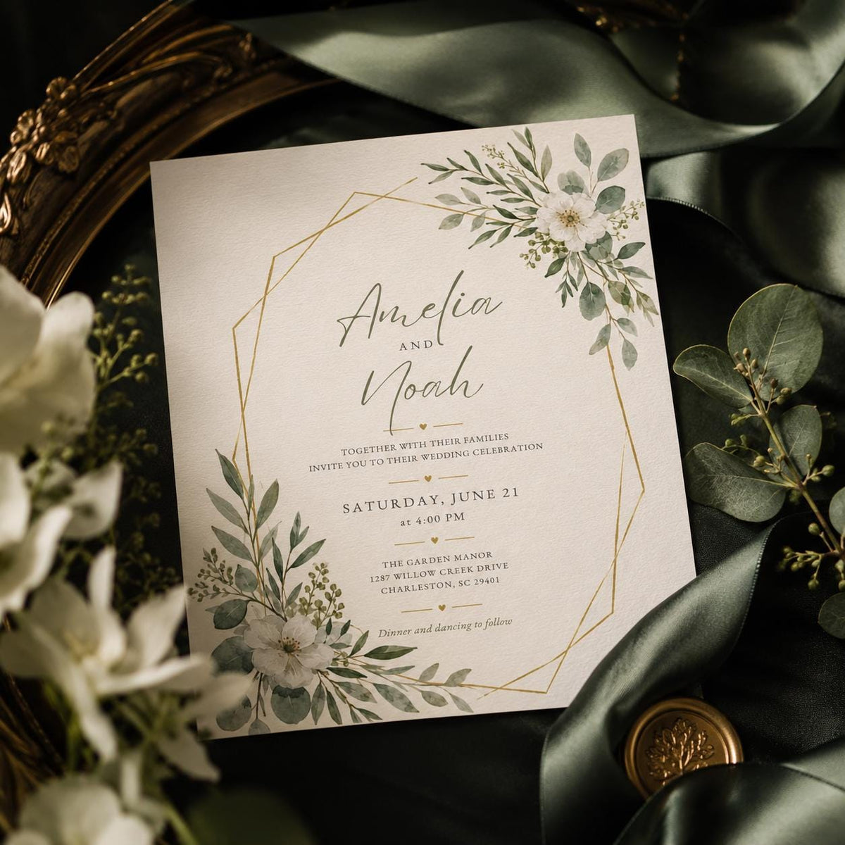 Sage Green Wedding Invitation Template, Botanical Floral Invite, Editable Printable Greenery Wedding Canva Template