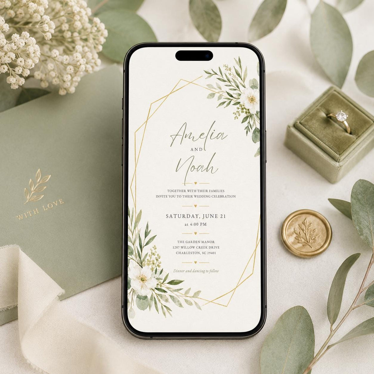 Sage Green Wedding Invitation Template, Botanical Floral Invite, Editable Printable Greenery Wedding Canva Template