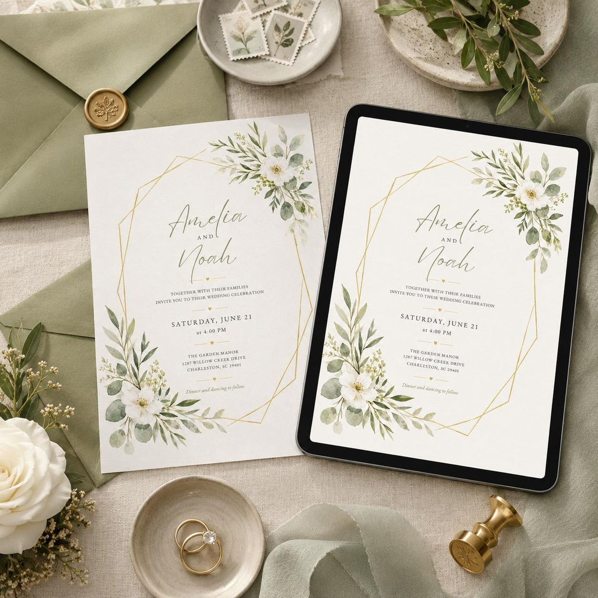 Sage Green Wedding Invitation Template, Botanical Floral Invite, Editable Printable Greenery Wedding Canva Template