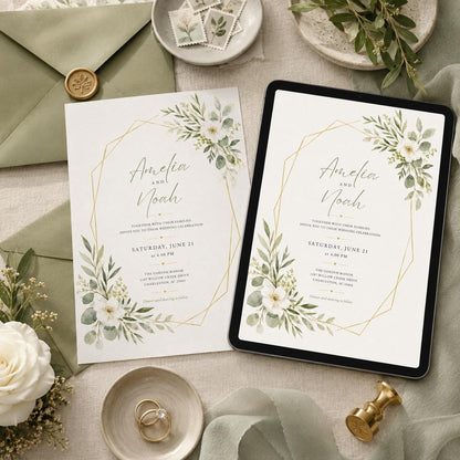Sage Green Wedding Invitation Template, Botanical Floral Invite, Editable Printable Greenery Wedding Canva Template