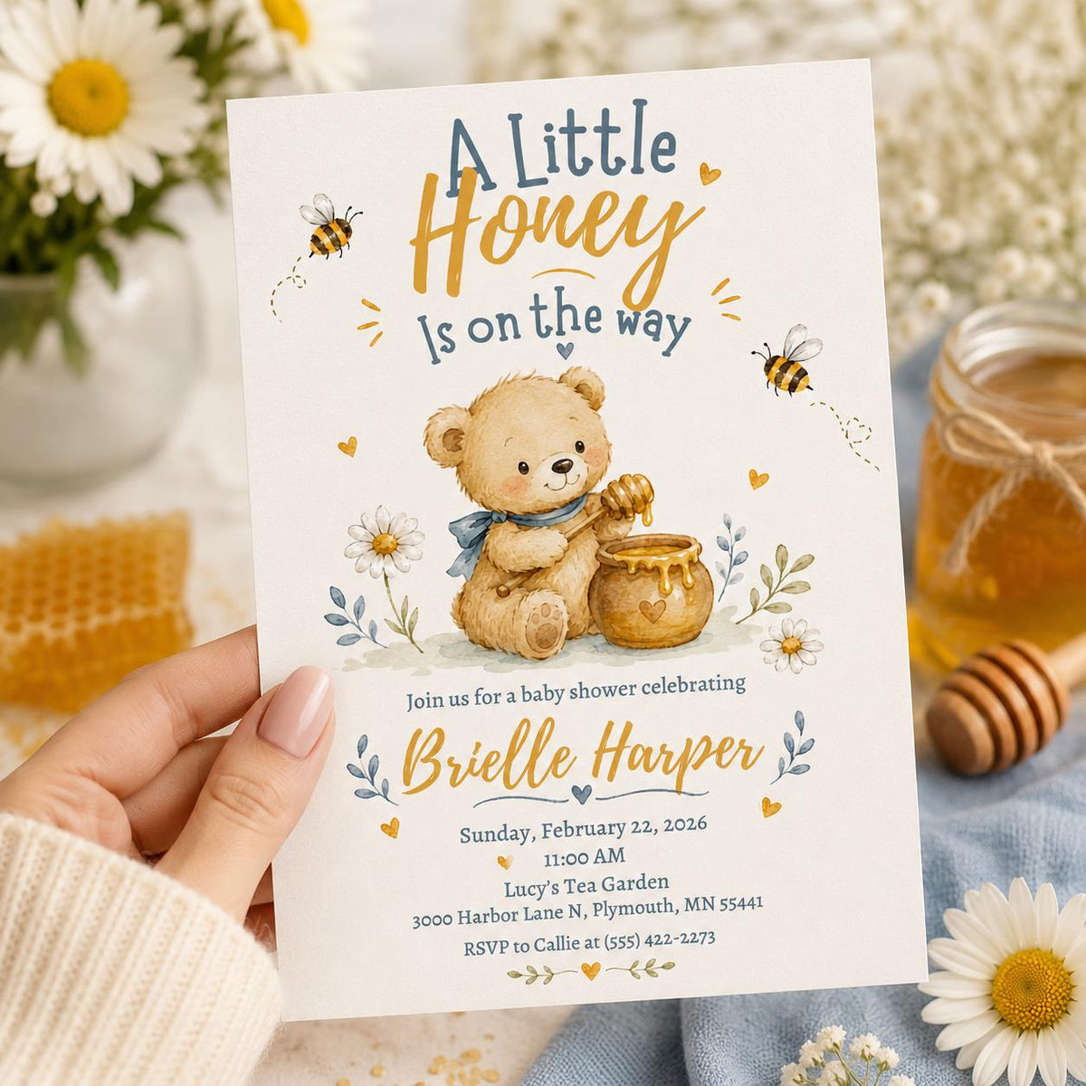 A Little Honey Baby Shower Invitation, Honey Bee Teddy Bear Invite, Gender Neutral Printable Canva Template