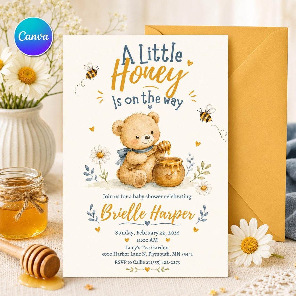 A Little Honey Baby Shower Invitation, Honey Bee Teddy Bear Invite, Gender Neutral Printable Canva Template