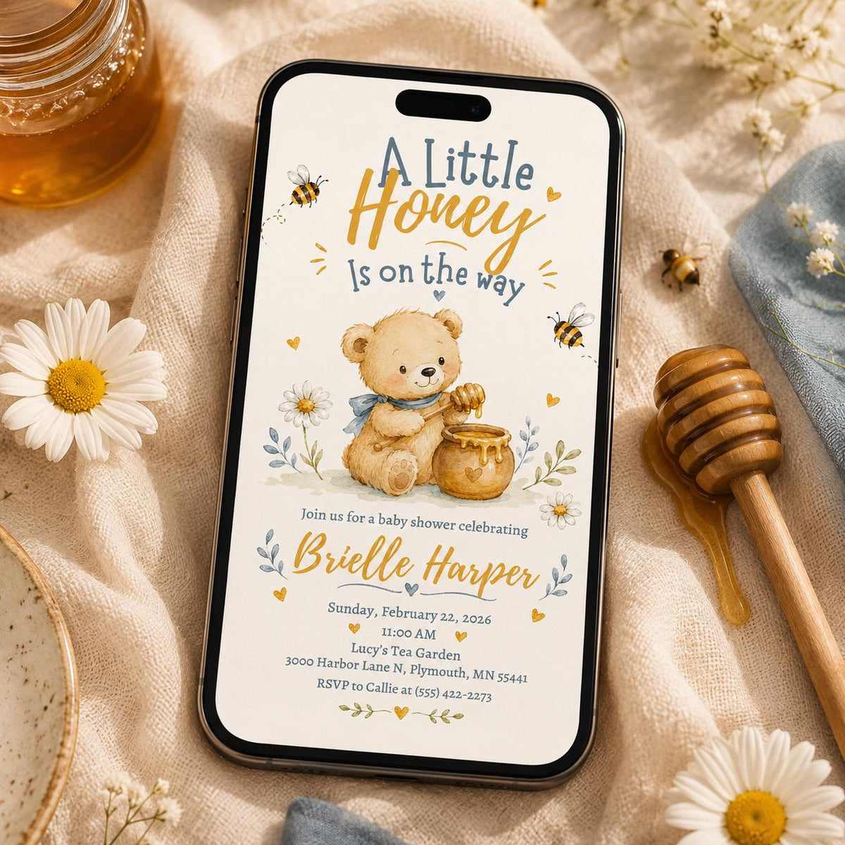 A Little Honey Baby Shower Invitation, Honey Bee Teddy Bear Invite, Gender Neutral Printable Canva Template