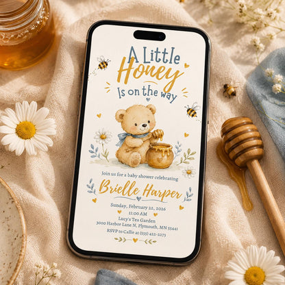 A Little Honey Baby Shower Invitation, Honey Bee Teddy Bear Invite, Gender Neutral Printable Canva Template