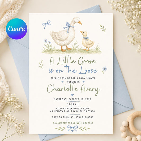 Silly Goose Baby Shower Invitation, A Little Goose Is on the Loose Editable Printable Canva Template
