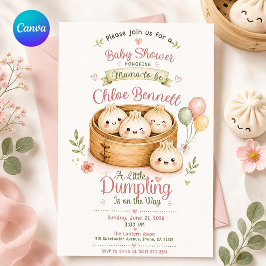 Dumpling Baby Shower Invitation, Little Dumpling Bao Dim Sum Editable Printable Canva Template