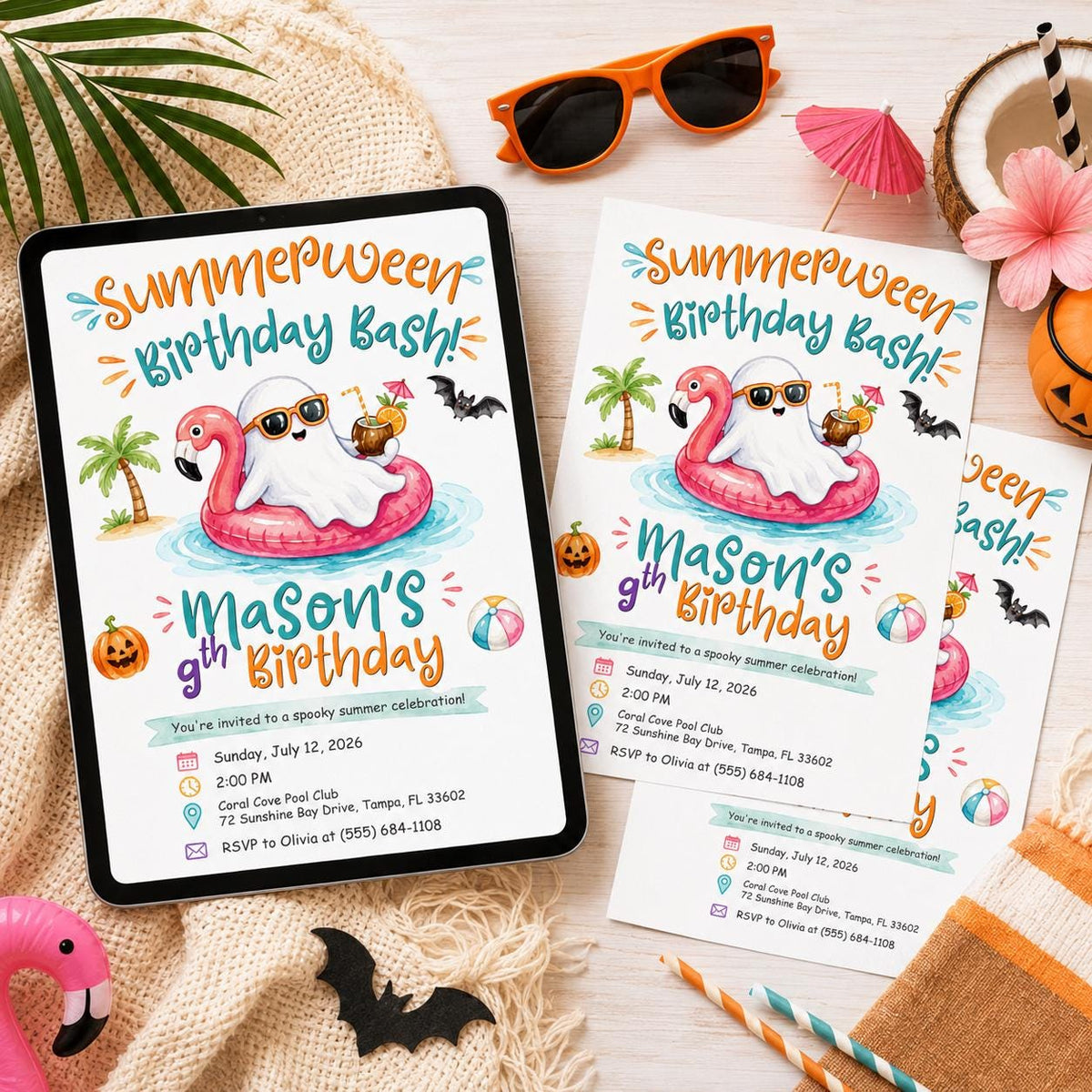 Summerween Birthday Invitation, Ghost Pool Party Halloween in July Editable Printable Canva Template