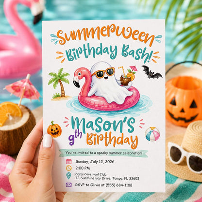 Summerween Birthday Invitation, Ghost Pool Party Halloween in July Editable Printable Canva Template