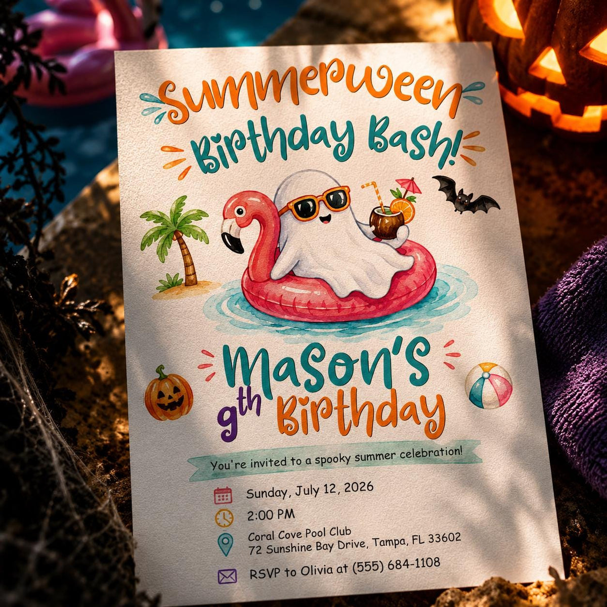 Summerween Birthday Invitation, Ghost Pool Party Halloween in July Editable Printable Canva Template
