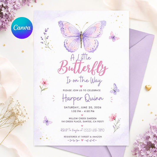 Butterfly Baby Shower Invitation, A Little Butterfly Is on the Way, Editable Printable Canva Template