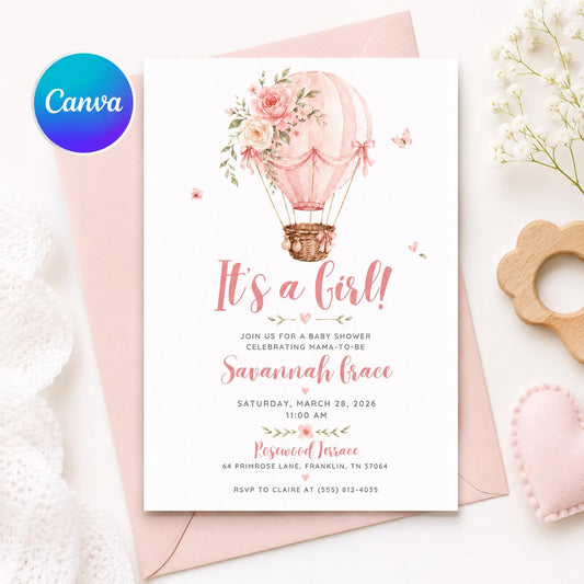 Hot Air Balloon Baby Shower Invitation, It's a Girl Floral Pink Invite Editable Printable Canva Template