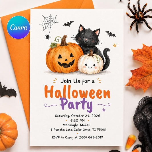 Cute Pumpkin and Black Cat Kids Halloween Party Invitation — editable Canva template