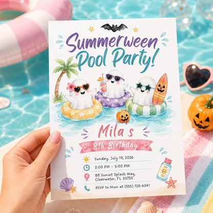 Summerween Pool Party Invitation, Ghost Halloween Birthday Invite Editable Printable Canva Template