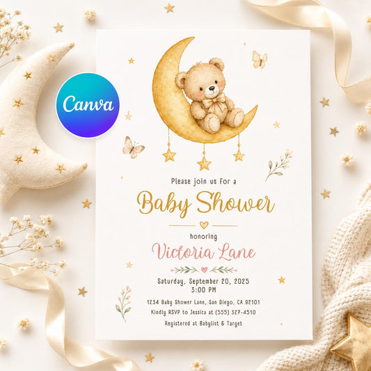 Gold Boho Moon and Stars Baby Shower Invitation for Girls — editable Canva template